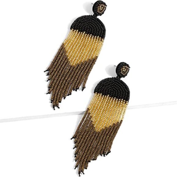 Long 4.5" Modern Art Deco Oversized Post Earrings Black Tan Gold New Tassel Boho - Picture 7 of 9